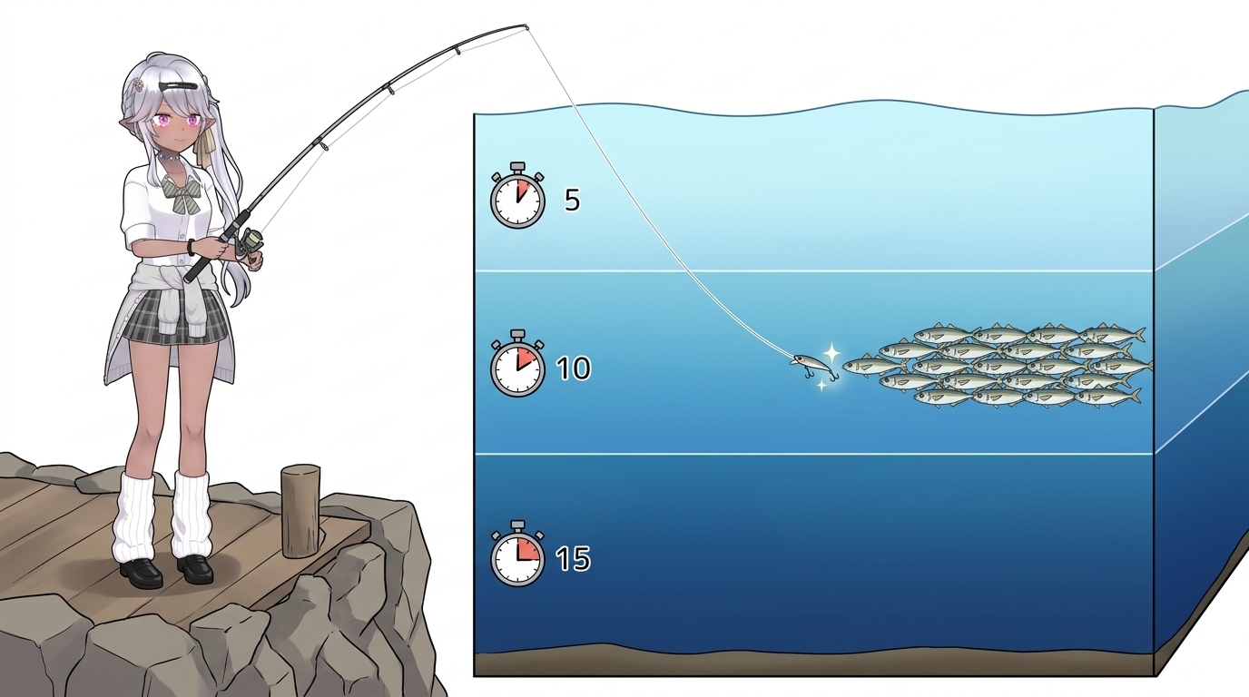 アジングのカウントダウン釣法による表層・中層・ボトムのレンジ攻略を示す海中断面図