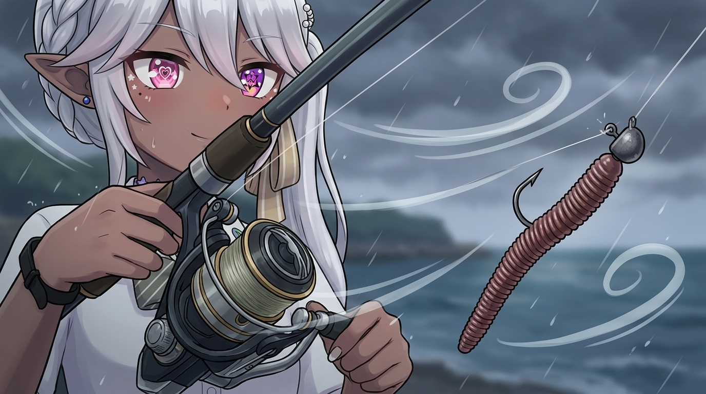 強風と雨の日に対応する重めのジグヘッドと大きめワームのタックルセッティング