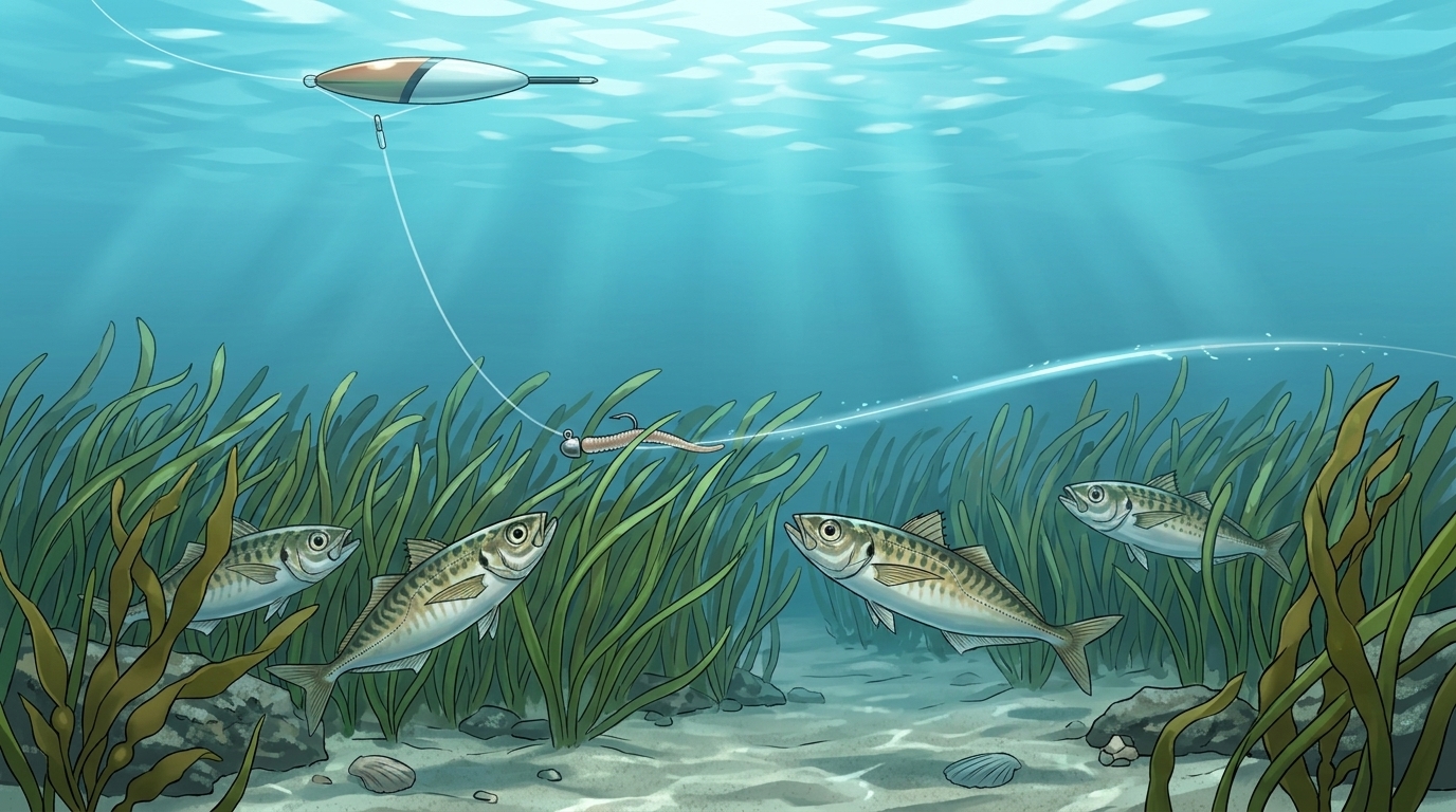 フロートリグを使って沖のウィードの上っ面ギリギリを一定レンジで引くアプローチの図解