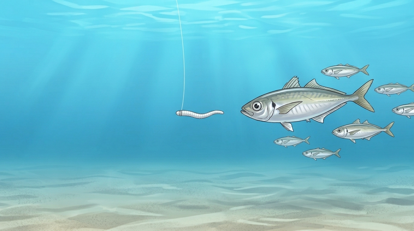 水中でアクションの後に「静」のポーズを入れることで、アジの食い気を誘う。