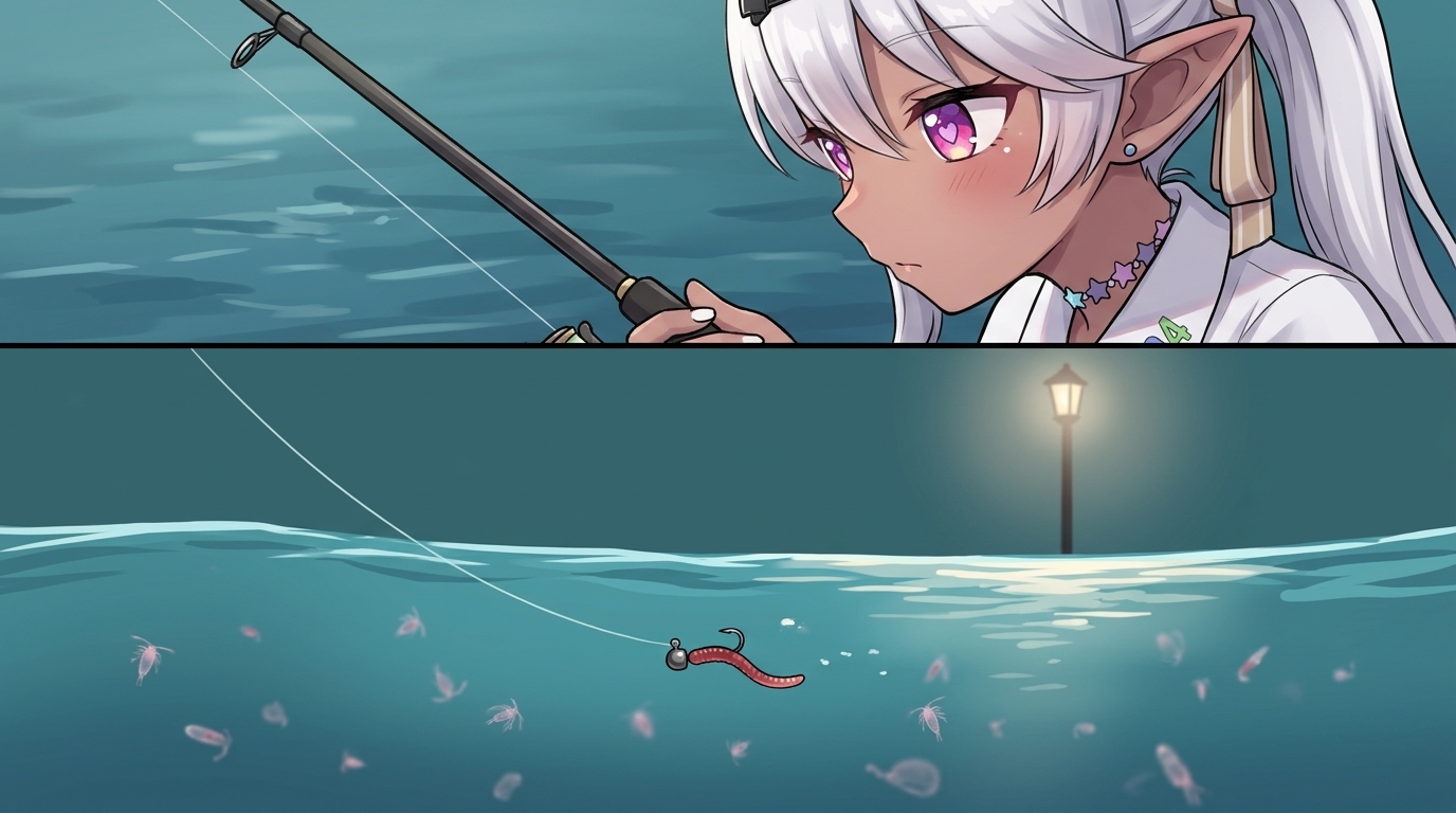 アジングのドリフト釣法：軽量ジグヘッドとワームを潮の流れに乗せ、自然に漂わせる。銀髪エルフ耳の女子高生アングラーが、絶妙なラインテンションを保つ。