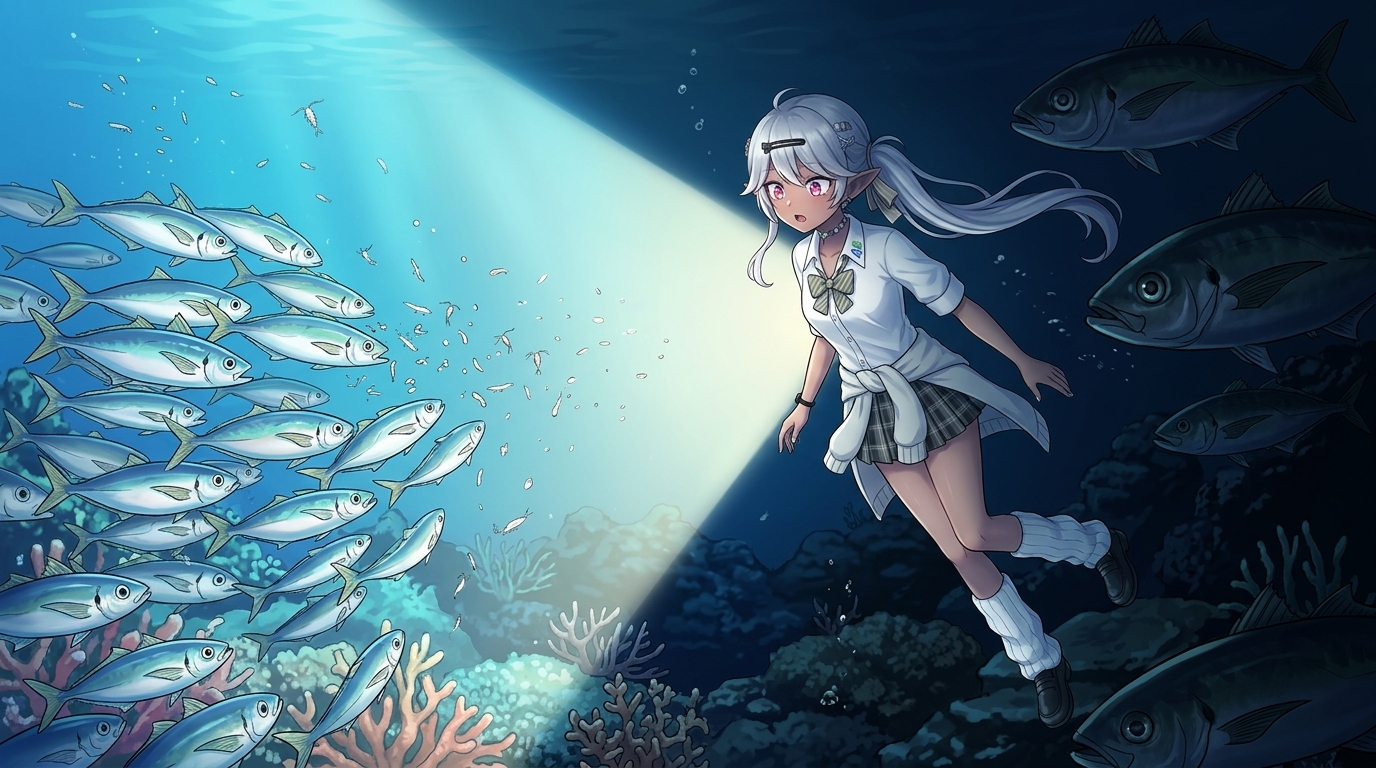 常夜灯の明暗の境界に潜む大型アジと、明るい場所に群れる小型アジの配置を示した戦略図