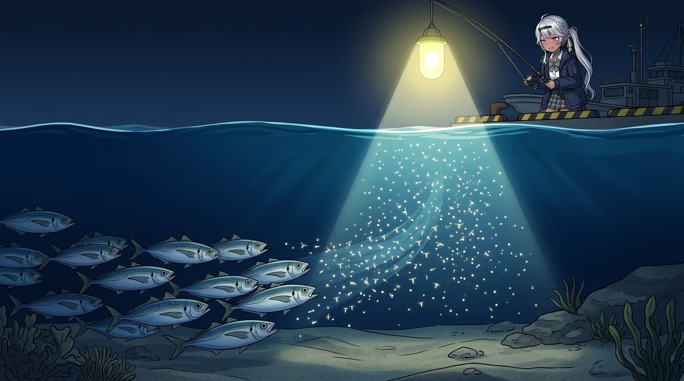 常夜灯の明暗部でプランクトンを待ち構えるアジの群れと狙うべきポイントの図解