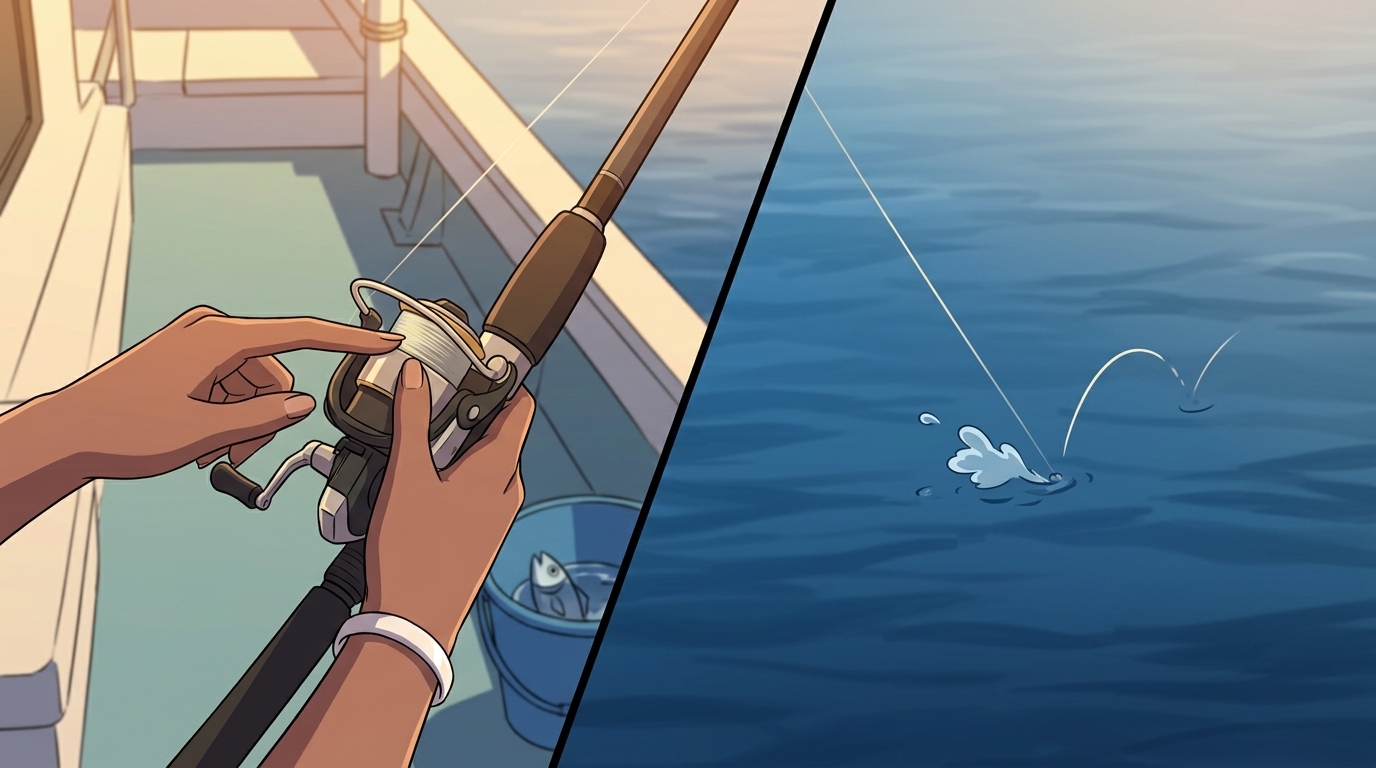 アジングの確実なボトムの取り方。フェザリングを行う手元と、着底時に海面のラインがフワッとたるむ瞬間の視覚的変化。