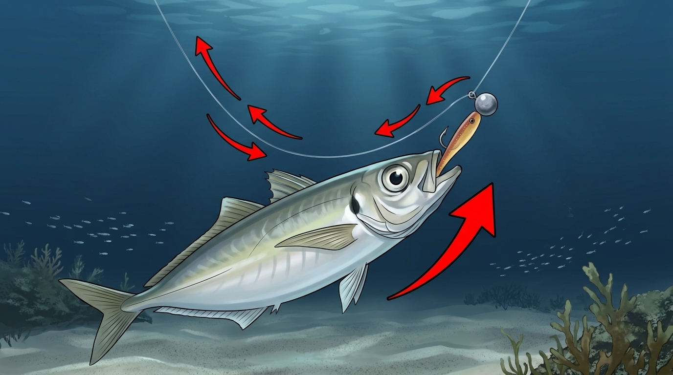 アジが下から食い上げることでラインテンションが消える抜けアタリのメカニズム図解