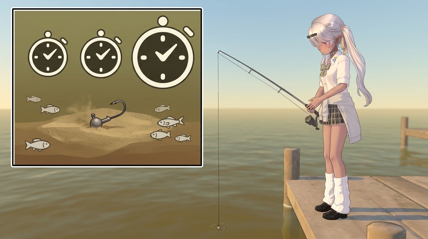 ボトムL字におけるステイ（止める）時間の重要性を説明する、アニメイラスト。参照画像と同一のキャラクターが、完全に静止させたジグヘッドと、それを見つめる慎重なアジ、そして長い時間を意味する時計のアイコンを描いている。