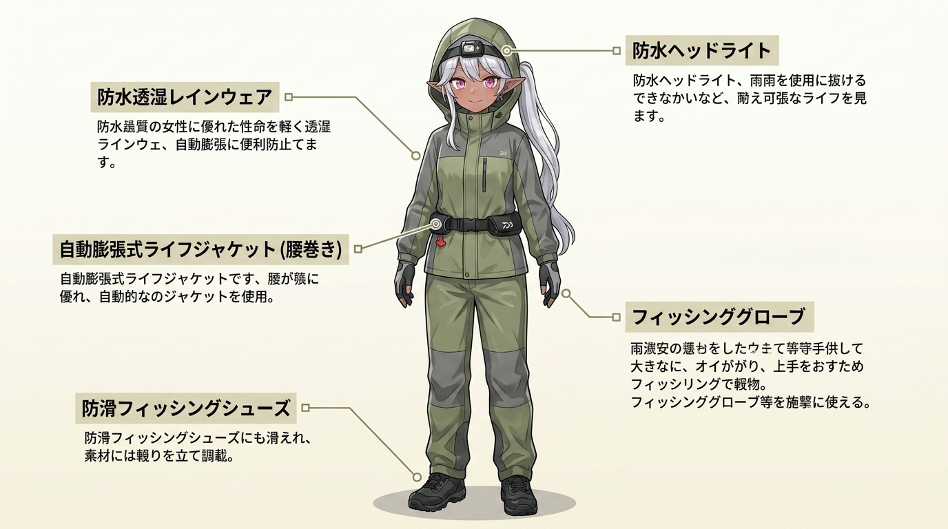 雨の日のアジングで必須となる安全装備と服装のチェックリスト図解