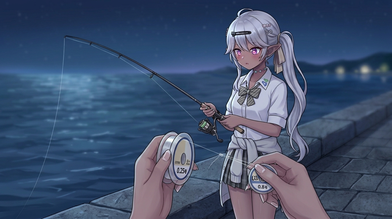 アジングのアミパターン攻略に不可欠なエステルライン（0.25号）。超軽量ジグヘッドを風下まで沈め、微細な違和感を捉える感度を提供する。銀髪エルフ耳の女子高生アングラーが、その薄さを確認する。