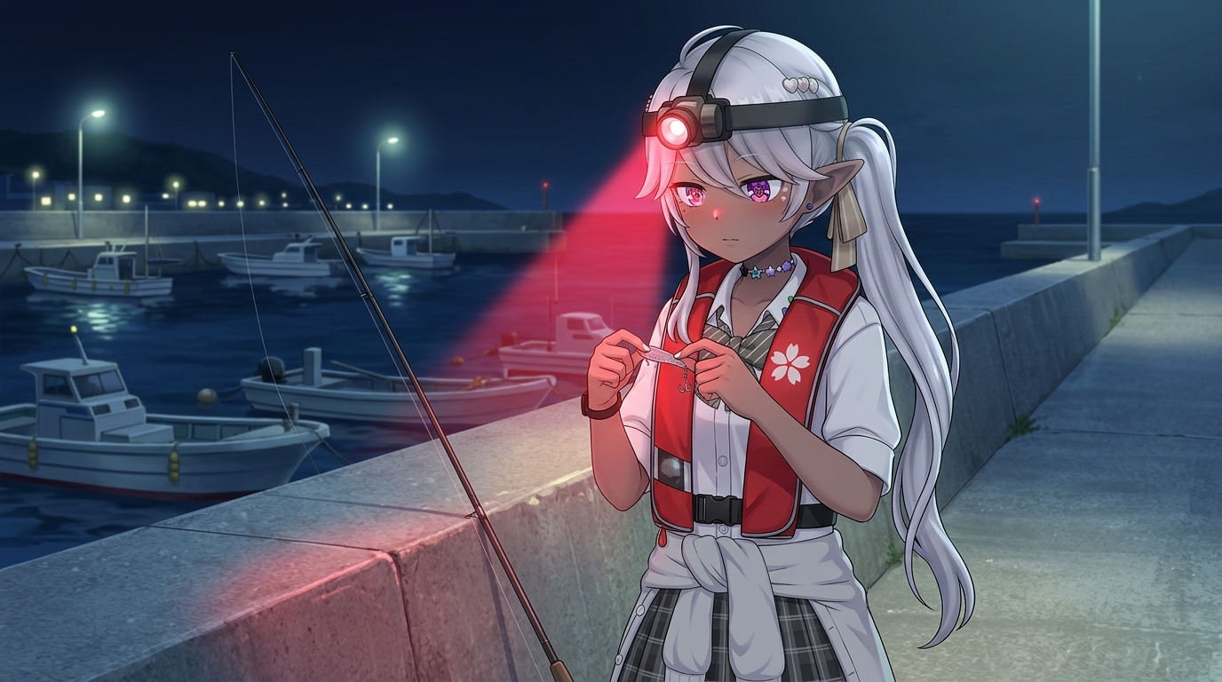 ライフジャケットを着用し、赤色灯ヘッドライトで海面を照らさずにルアー交換をする安全・マナーを守った釣り人のイラスト