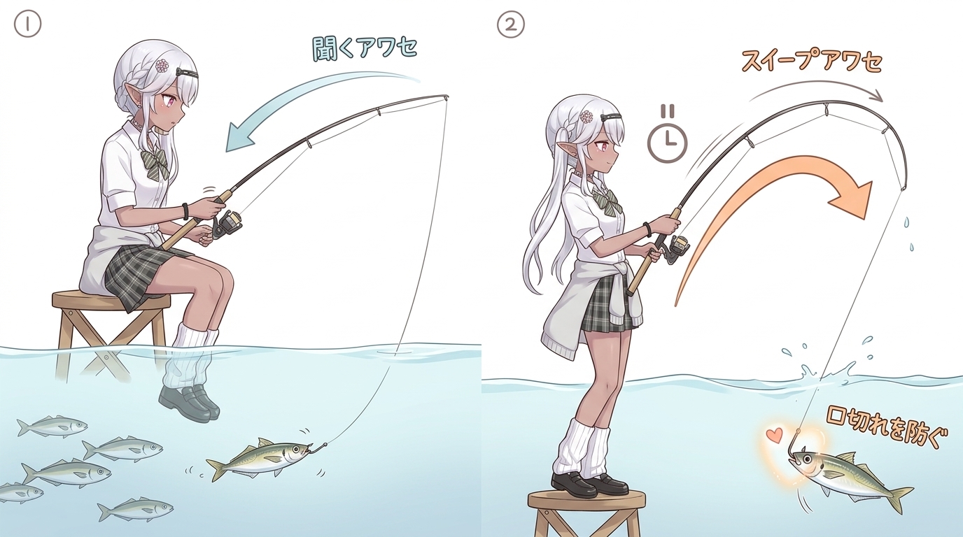 ボトムステイにおける「聞くアワセ」から「スイープアワセ」への移行手順を示すロッドワークの図解。