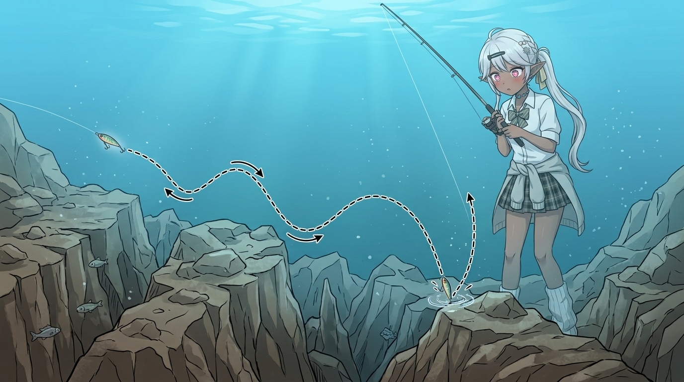 着底直後に素早くリフトして根掛かりを回避しボトム付近をキープするルアーの軌道