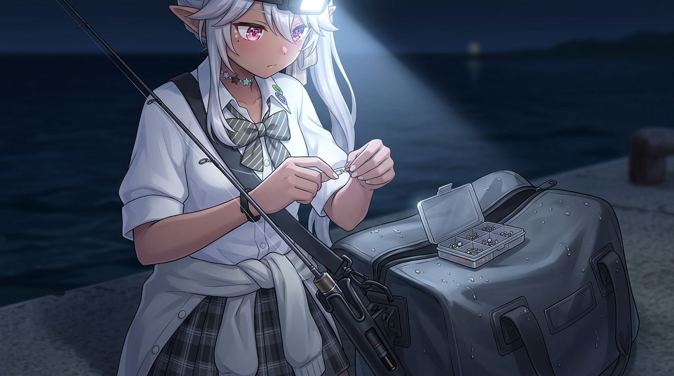 ロッドホルダーを活用して両手をフリーにし、夜間のリグ交換をスムーズに行う様子