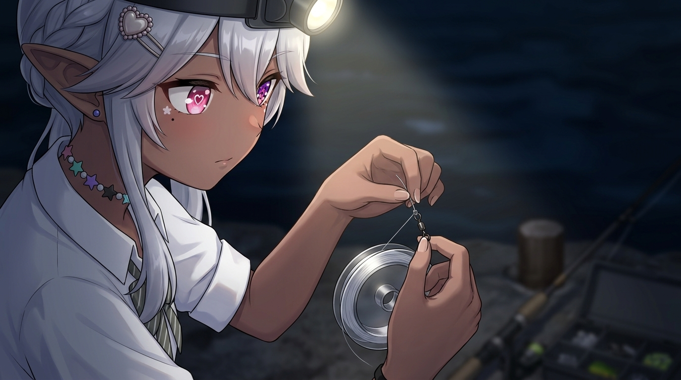 ヘッドライトの明かりを頼りに現場で仕掛けを結ぶアングラーの手元