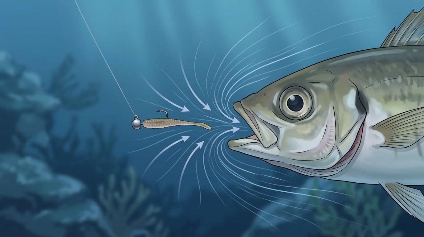 軽量ジグヘッドによる自然なフォールとアジの吸い込みメカニズムの図解