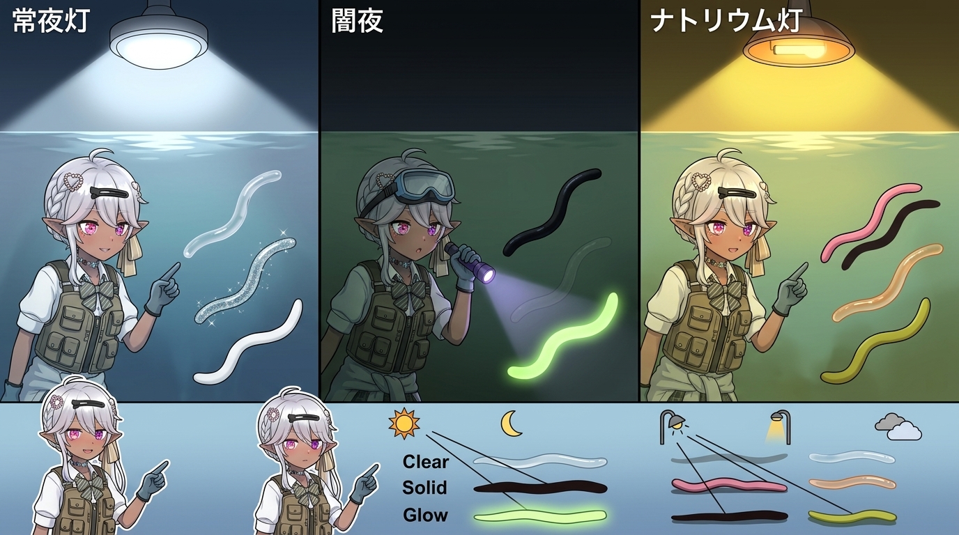 夜のアジングにおける状況別のワームカラーの見え方と選び方の比較図