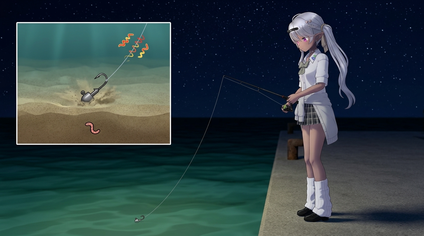 アジングにおける抜けアタリ（食い上げ）を感知する技術を説明する、アニメイラスト。参照画像と同一のキャラクターが、さびいている最中のわずかなテンションの緩みを捉え、食い上げたアジと一瞬でフッキングをさせる様子を描いている。