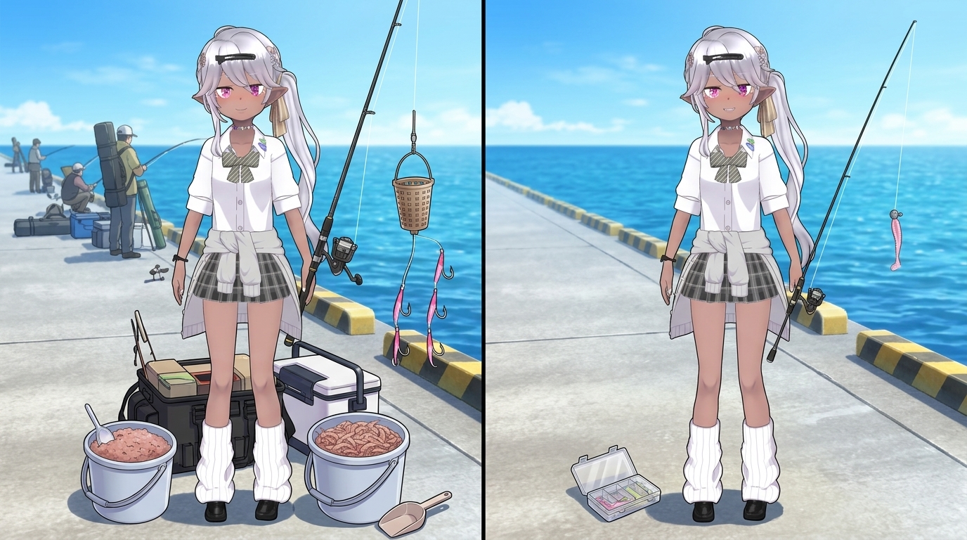 サビキ釣りとアジングの仕掛けと道具の基本的な違いを比較したイラスト