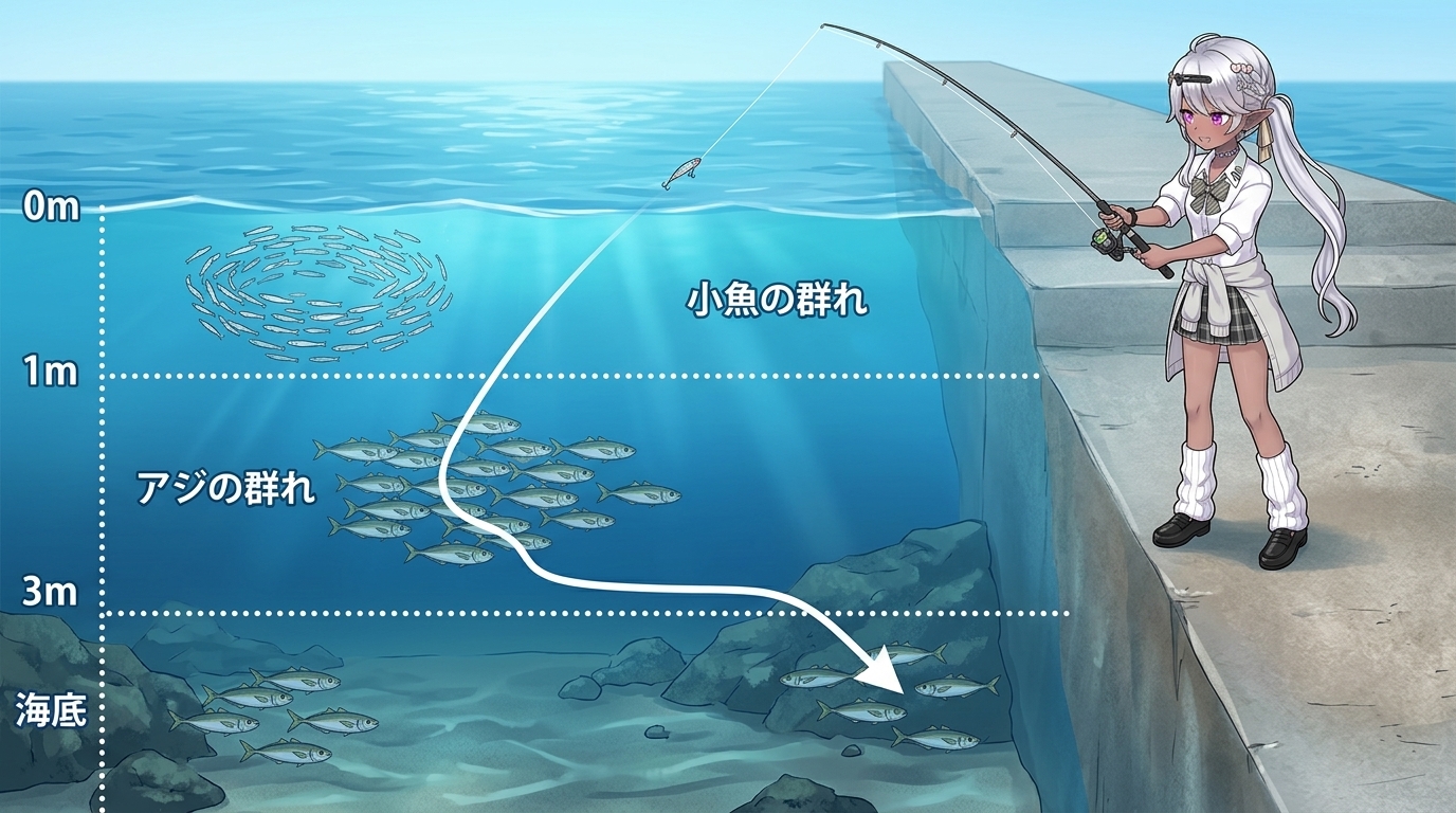 アジングにおける表層・中層・ボトムのレンジ攻略とアジのいる水深のイメージ図