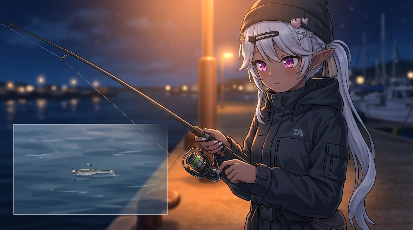 常夜灯下でローギアリールを使いスローリトリーブでアジを誘うアングラー