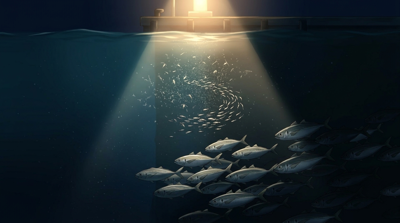 常夜灯の明暗部で小魚を狙うアジの海中イラスト