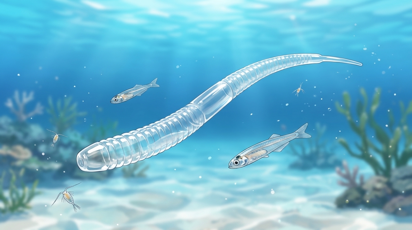 澄んだ海中でシラスやプランクトンに擬態するクリア系ワームの様子