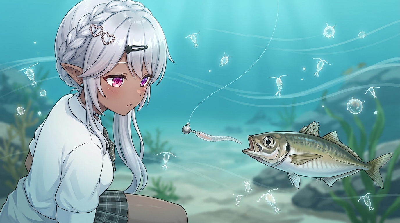 潮の流れに乗せてワームを漂わせるプランクトンパターンの水中イメージ