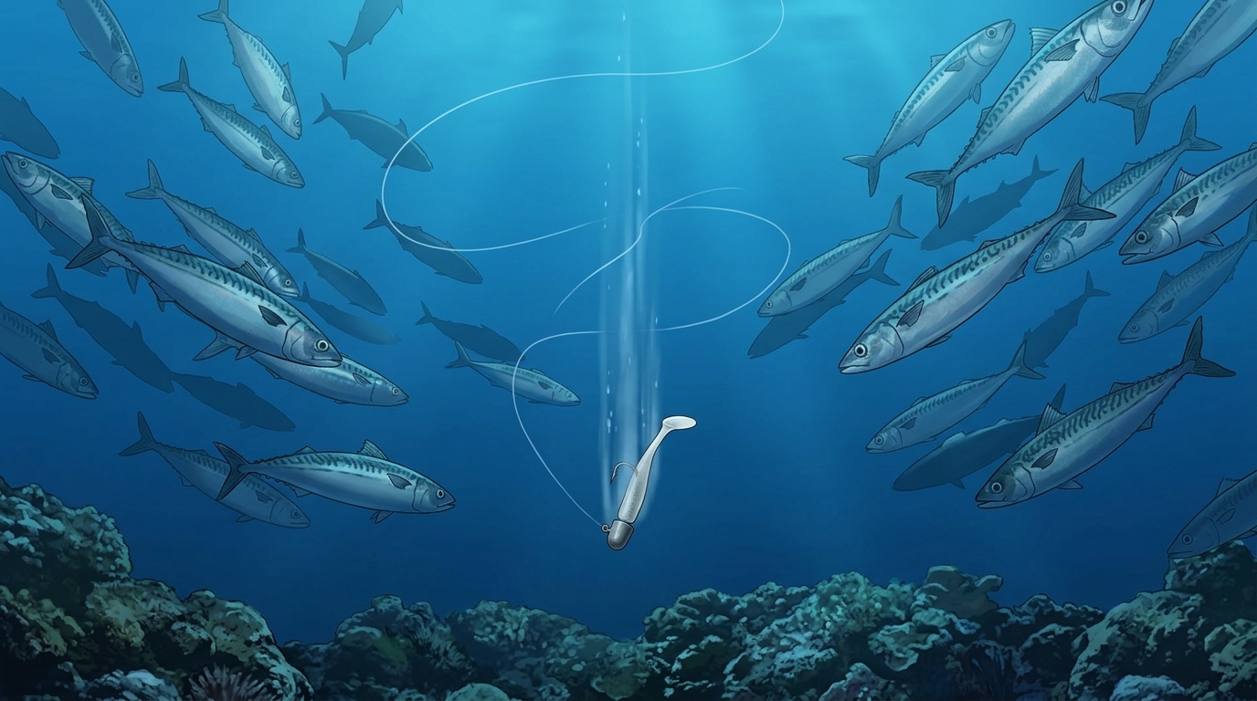 サバの群れを一直線に突破してボトムへ沈む重いジグヘッドのフォール軌跡
