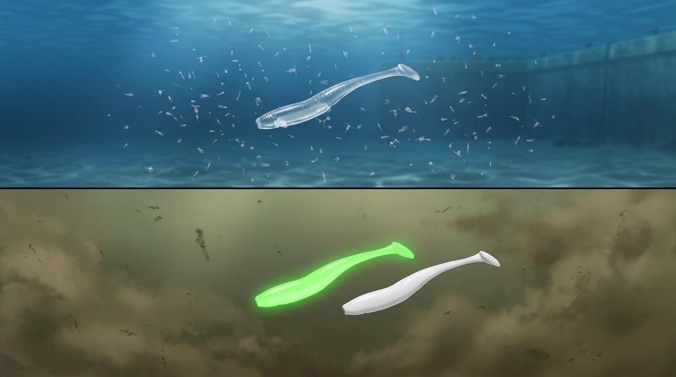 澄んだ水質でのナチュラルカラーと濁った水質でのアピールカラーの水中での見え方の違い