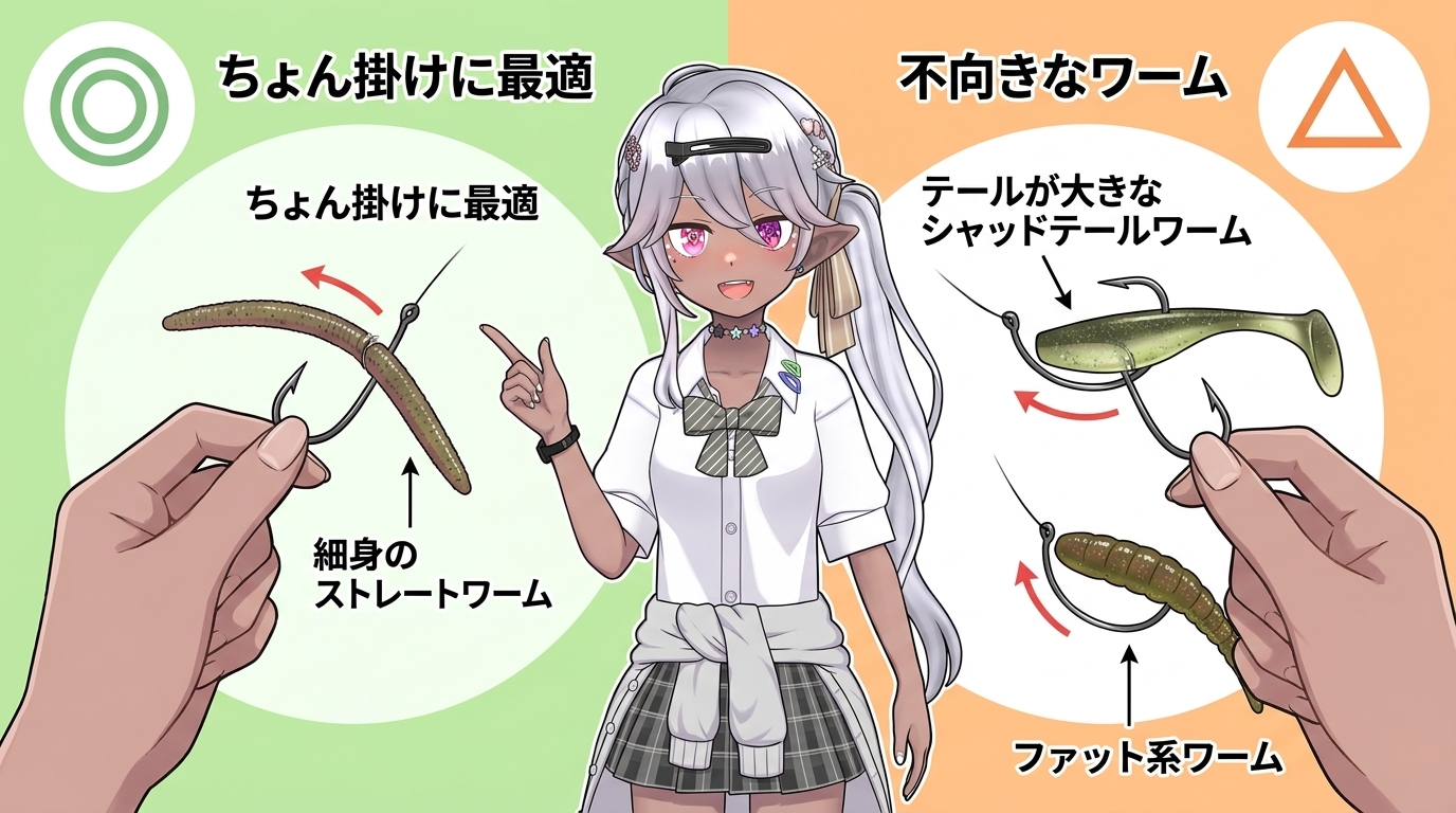 ちょん掛けに適した細身ストレートワームと不向きなシャッドテールワームの比較