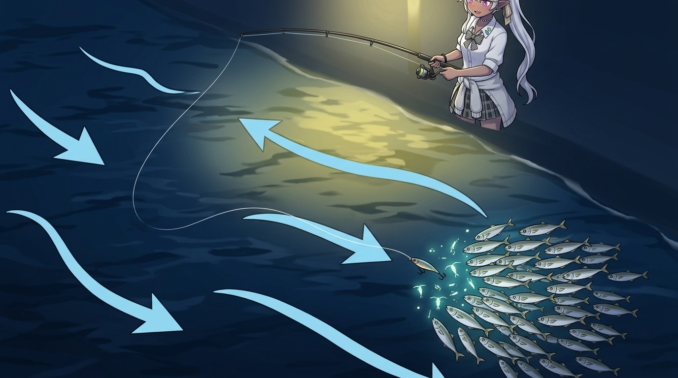 潮の流れを利用してプラグを自然に流すアジングのドリフト釣法のイメージ図