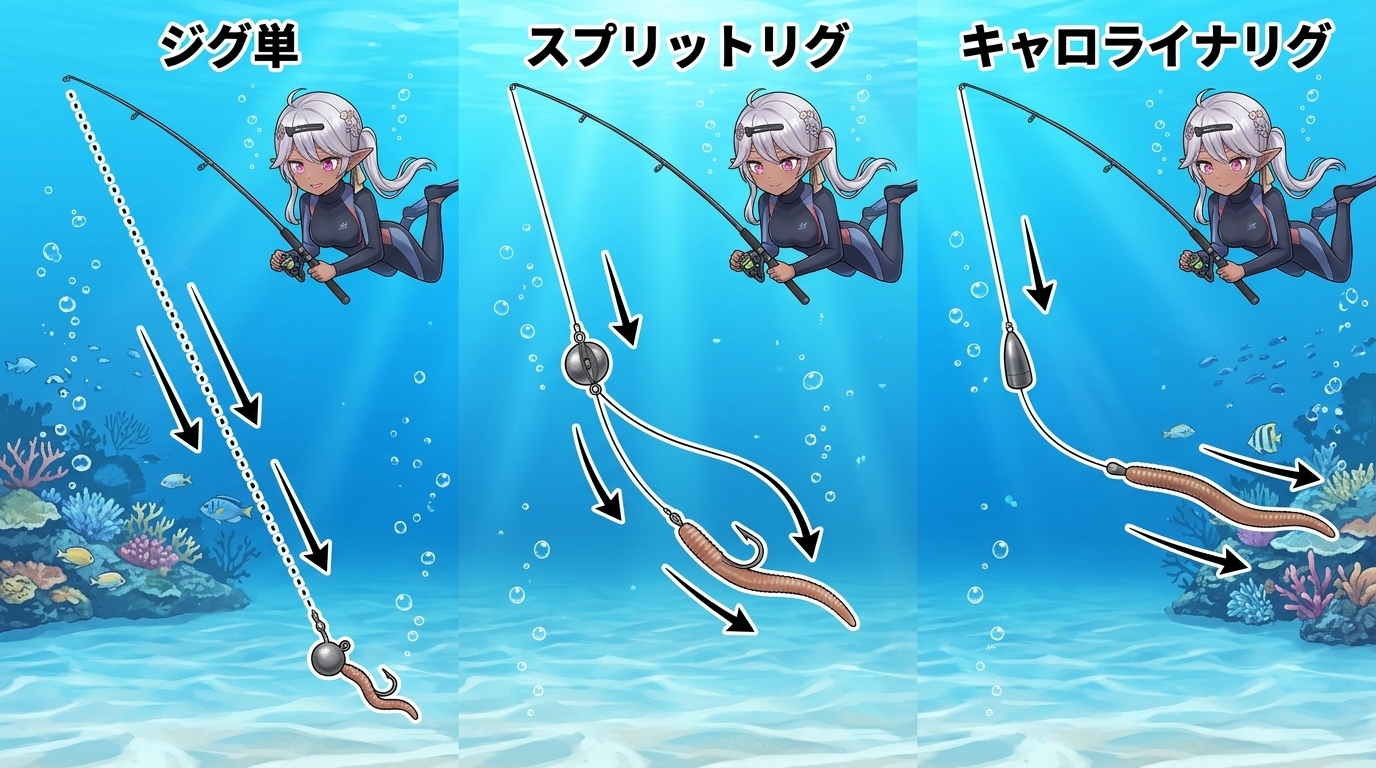 ジグ単、スプリットリグ、キャロライナリグの海中での沈み方とフォール姿勢の比較図