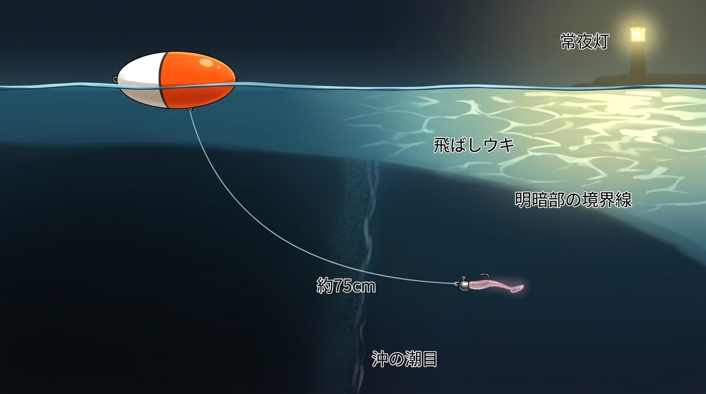沖のポイントを狙うフロートリグの海中構造と、軽量ジグヘッドを自然に漂わせる仕組み