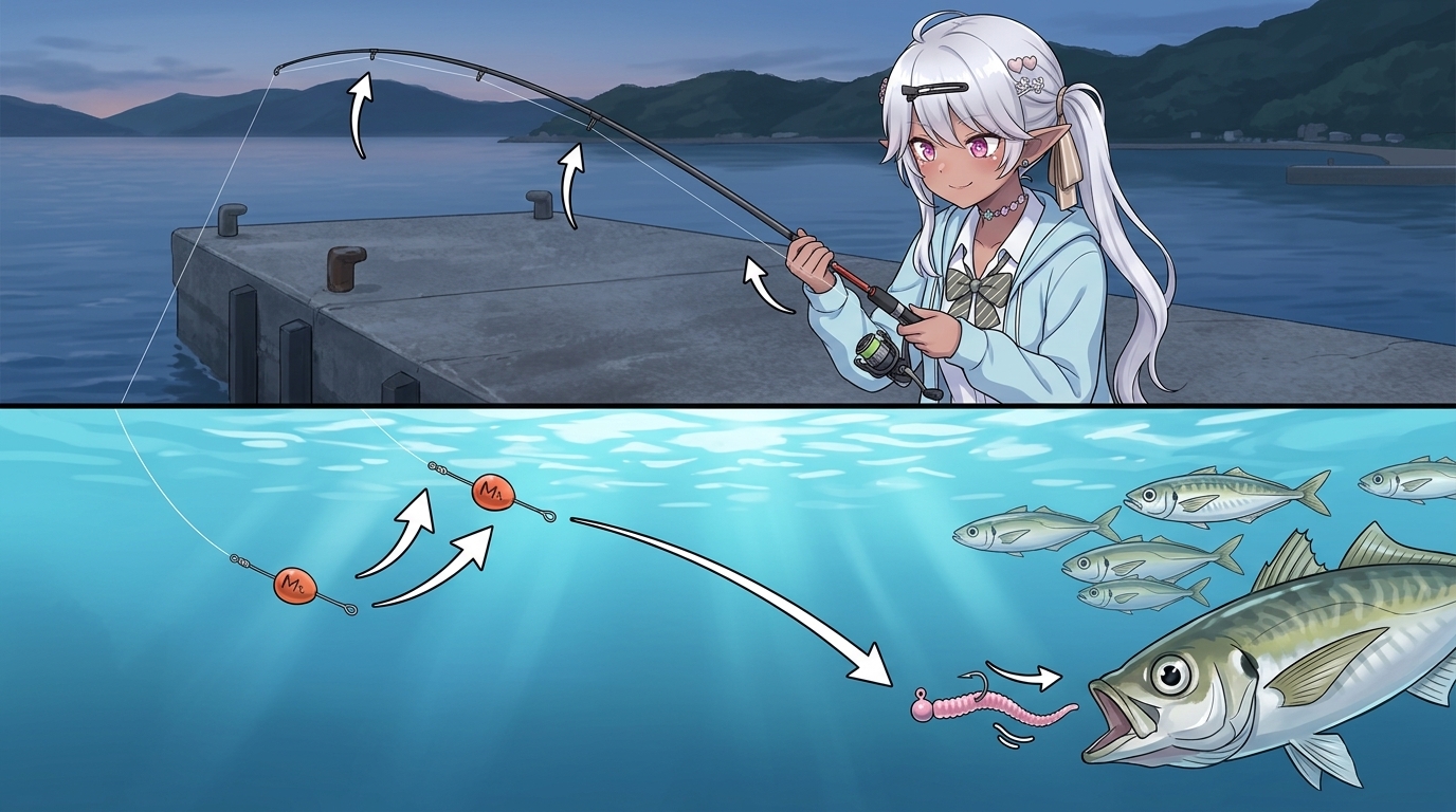 Mキャロのシャクリアクションとテンションフォール中のアジのバイトシーン