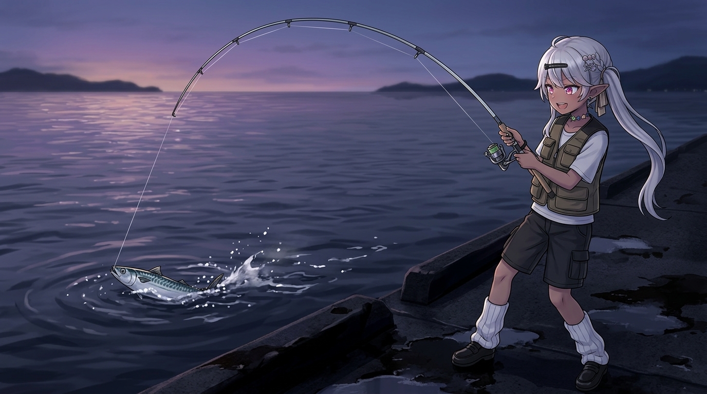 サバがヒットして大きくしなるライトゲームロッドと水しぶきを上げる海面