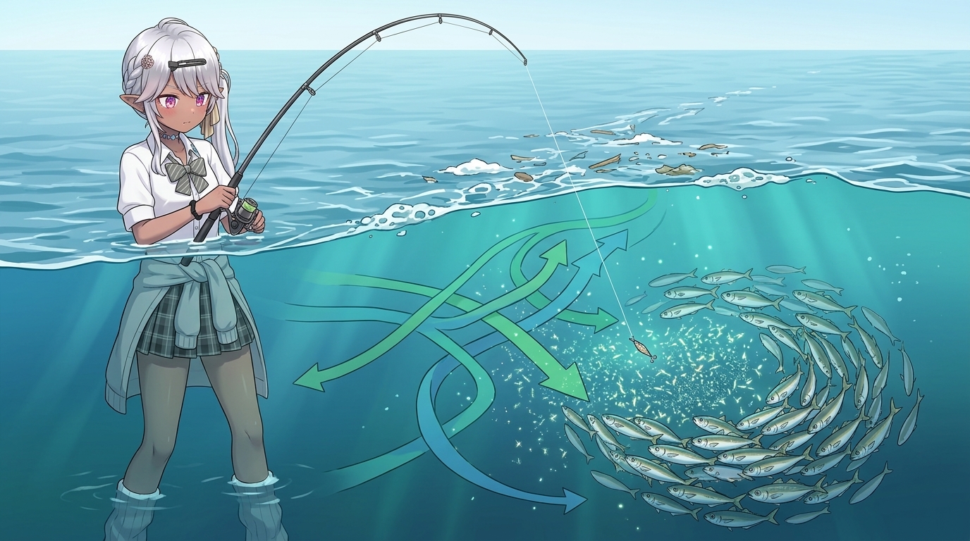 潮目にプランクトンとアジが集まる海中のメカニズムと潮の流れを示す図解