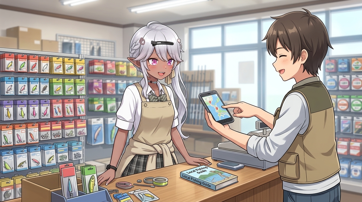 釣具店の店員にスマートフォンを見せながらアジングのポイント情報を聞くアングラー