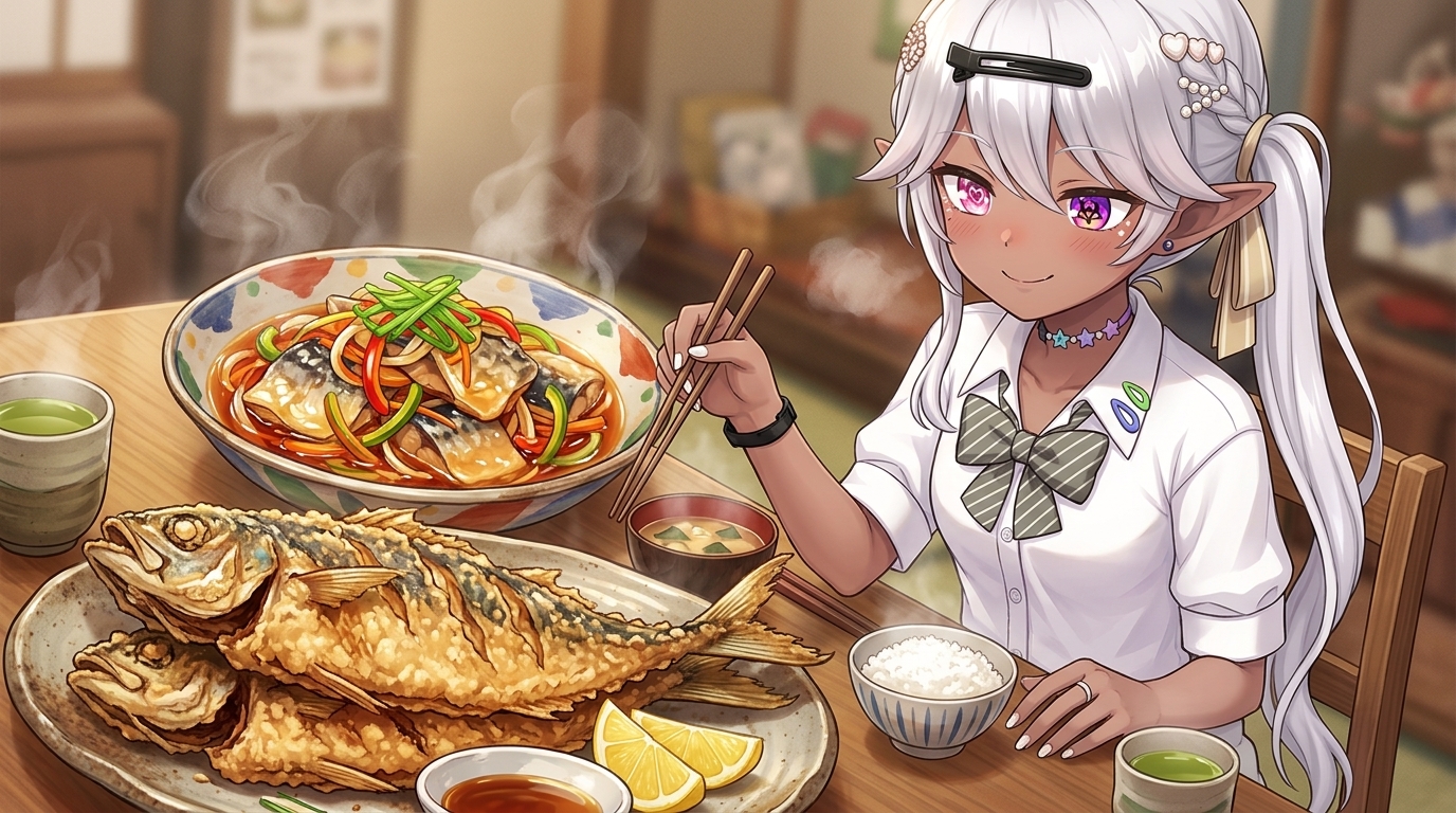 釣りたての新鮮なサバを調理した美味しそうな唐揚げと彩り豊かな南蛮漬け